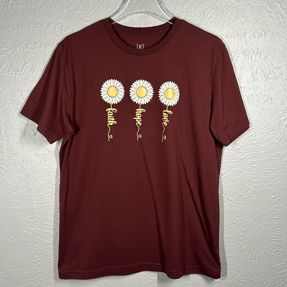 George Tops - Faith Hope Love Glitter Daisy Burgundy Short Sleeve T-shirt Women's Size…